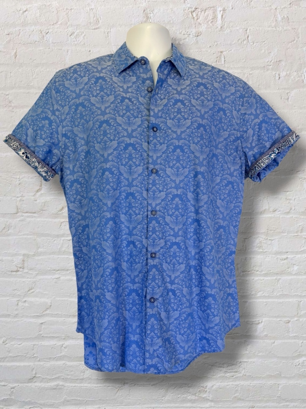 Robert Graham Blue Damask Short Sleeve Shirt Men’s L 100% Cotton Made in India